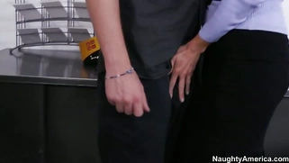 Busty boss Veronica Avluv seducing young guy in the office