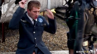 Black haired babe Stacey Lacey wraps her sexy lips around his shaft