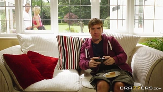 Leigh Darby sucks and fucks her neighbour while her son playing a game