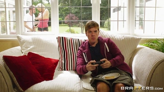 Leigh Darby sucks and fucks her neighbour while her son playing a game