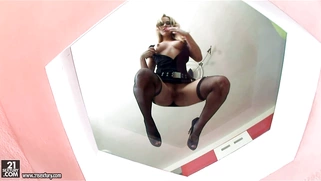 Tempting blonde Aleska Diamond teases in stockings and lingerie