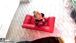 Tempting blonde Aleska Diamond teases in stockings and lingerie