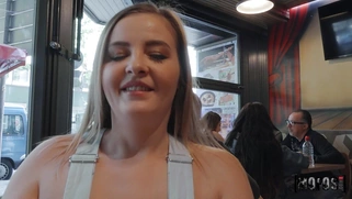 Candy Alexa shows off her big natural tits in the cafe