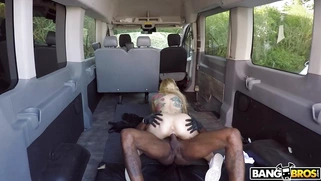 Blonde Kali Roses rides the black boner in the van