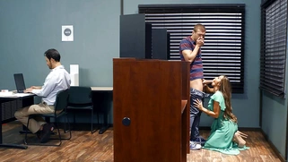 Abigail Mac on her knees gives blowjob to Xander