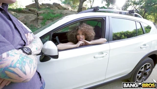 Cecilia Lion on the driver's seat is sucking cock