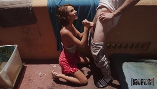 Teen Emma Hix on her knees is sucking cock