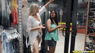 Blonde Addie Andrews on her knees is sucking cock