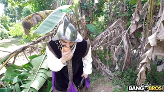 Kiarra Kai on her knees is sucking cock outdoors