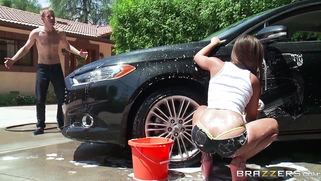 Amirah Adara in heels, tight shorts and a-shirt washing her ex's car