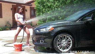 Amirah Adara in heels, tight shorts and a-shirt washing her ex's car