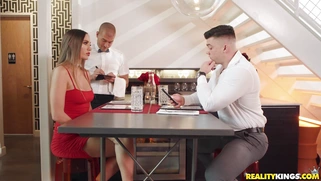 Desiree Dulce is sucking the waiter's cock in the toilet