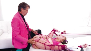 Tied Gia Derza in fishnet outfit gets her pussy fucked hard