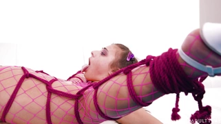 Tied Gia Derza in fishnet outfit gets her pussy fucked hard