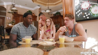 Kara Lee being banged from behind is sucking two cocks