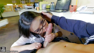 Asian beauty Cindy Starfall wearing glasses licks balls and sucks cock
