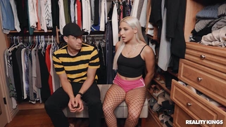 Abella Danger in fishnet pantyhose is dildoing her pussy