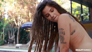 Indica Flower sucks and rides the hard cock by the pool