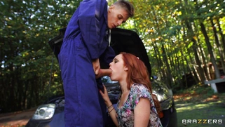 Ella Hughes is sucking the huge cock outdoors