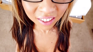 Mia Rider wearing her designer glasses easily deepthroats his meat