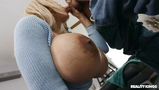 Busty Amber Alena on her knees is sucking Juan's cock