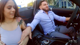Melody Foxx is jerking and sucking Peter Green's cock in the car