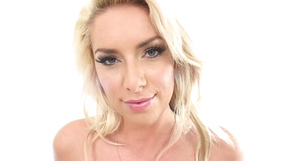 Cherry Morgan oils her tan-lined boobs and shaved-bald twat