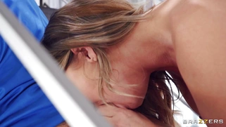 Cali Carter gives blowjob to Scott Nails on the stairs