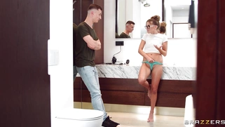 Eveline Dellai is playing with the huge dildo in the bathroom