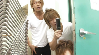 Asian ballerina rubs her pussy as perverted guys spy on her