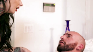 Joanna Angel watches Lilly Ford riding Stirling Cooper's hard cock