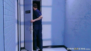 Cindy Starfall interrupted by janitor while fucking wall-mounted dildo
