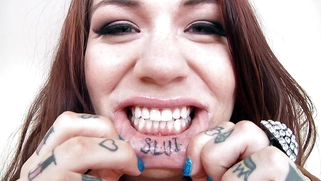 Tattooed bitch Karmen Karma rocks a sequined bikini that showcases her curves