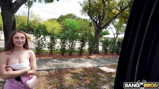 Penelope Kay is getting picked up outdoors