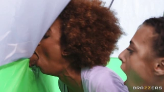 Demi Sutra and Gia Derza suck cock and lick balls in the tent