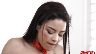 Maya Bijou rides the hard dick with her shaved pussy