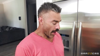 Aila Donovan is sucking cock and licking balls in the kitchen