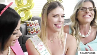 Two busty milfs lick their teen stepdaughter