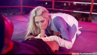 Fully clothed British blonde Lexi Lowe gives hot blowjob
