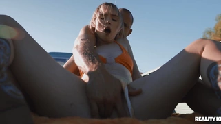 Lilly Bell in sunglasses rides the hard rod with her trimmed twat