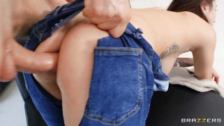 Liya Silver in ripped jeans gets her ass fucked doggystyle