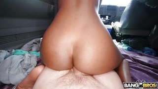 Mila Mars rides white stiff dick in the BangBus