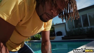 Oiled Mila Mars gets her pussy touched by Jay Bangher poolside