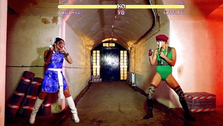 Christen Courtney as Cammy and Rina Ellis as Chun Li are making out