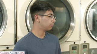 Gia OhMy is sucking Diego Perez's cock in the laundry