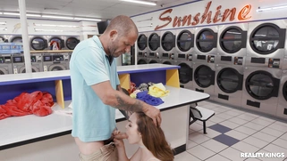 Freya Parker is sucking Scott Nails' cock in the laundry