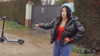 Megan Fiore is jerking Jordi's cock outdoors