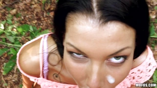 Nasty Russian bitch Victoria Grace gets facial cumshot outdoors
