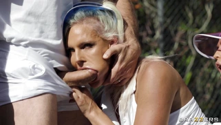 Phoenix Marie and Kelsi Monroe are sucking big cock outdoors