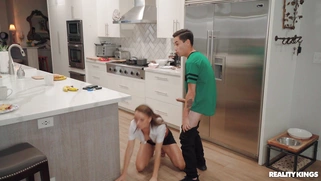 Pristine Edge on her knees is sucking Juan Loco's cock